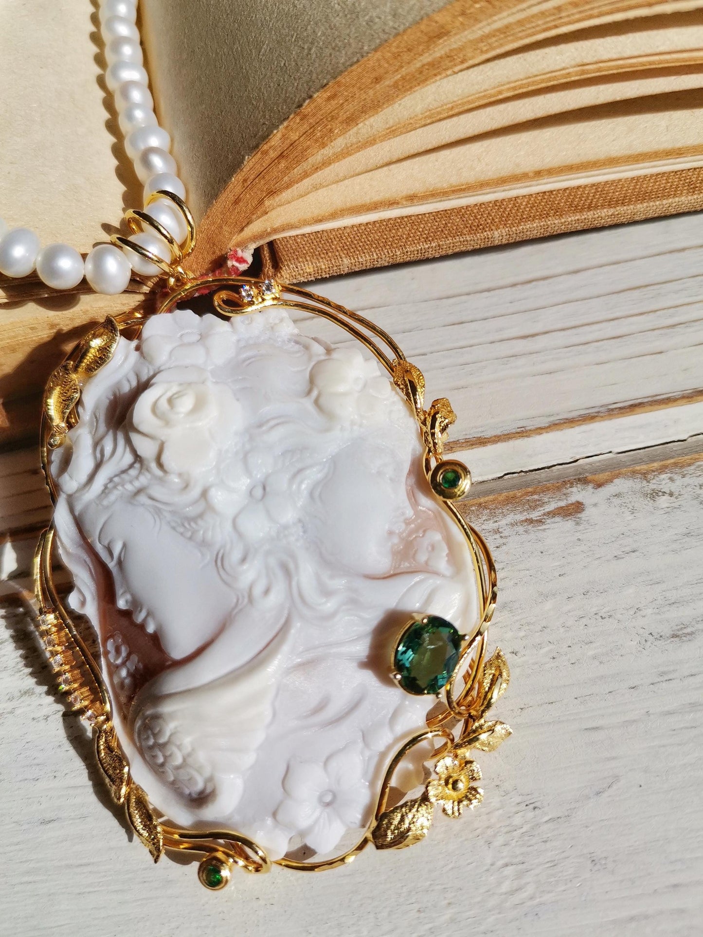 Large Cameo Pendant & Emrald