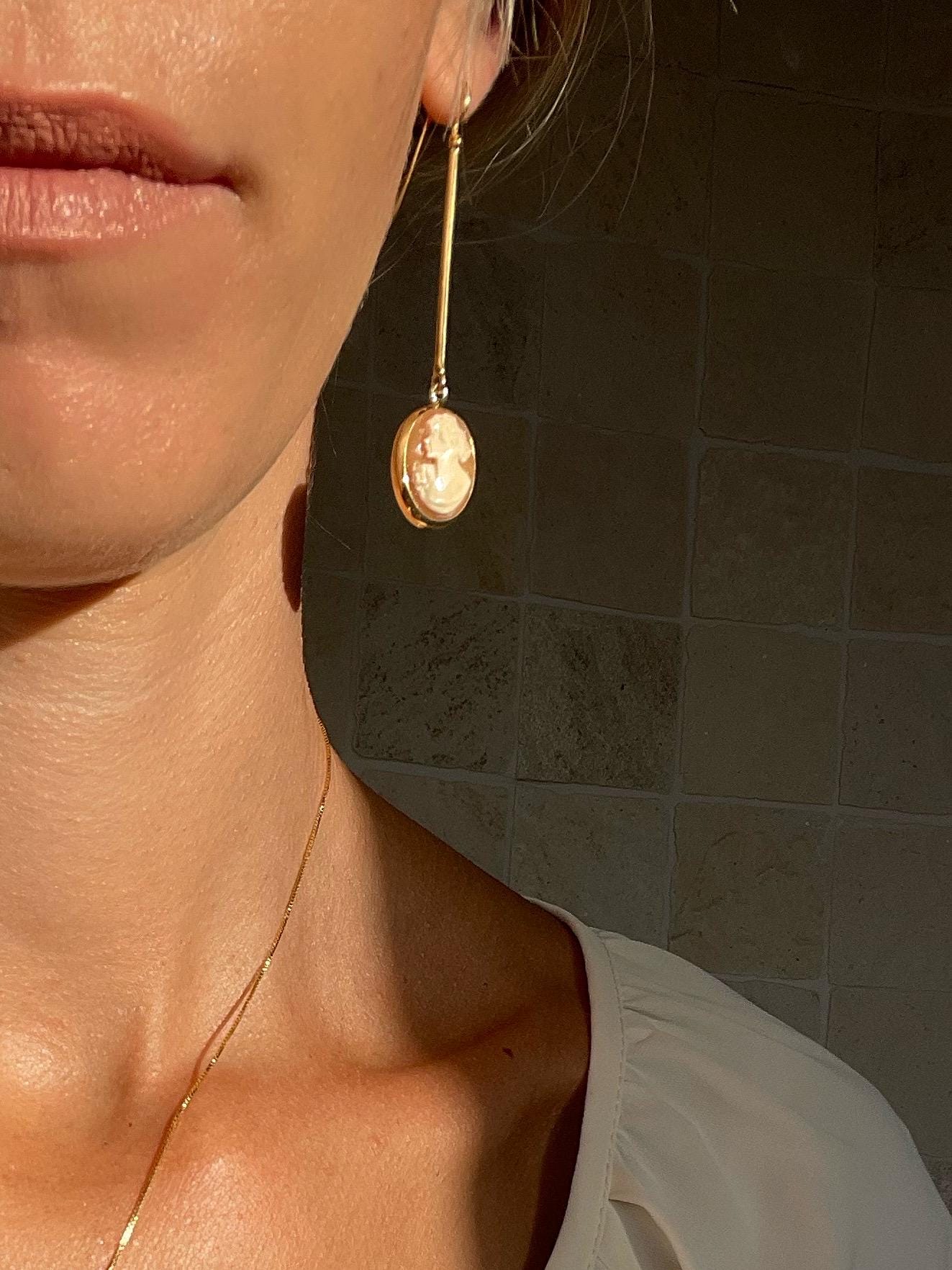 18k Gold Cameo Drop Earrings